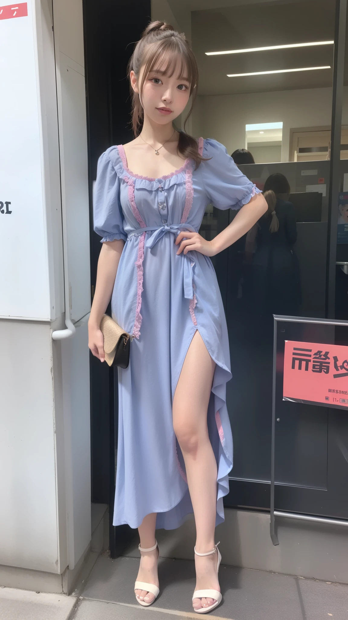 (8K、RAW Photos、Highest quality、masterpiece:1.2)、(Realistic、Realistic)、1 girl、((Nogizaka's costume:1.5、With pubic hair、Large Breasts、Full body from the front、Standing with hands behind back、、Lots of eyelashes、Glowing eyelids、skeletally correct、smile、This photo will awaken boys to sex