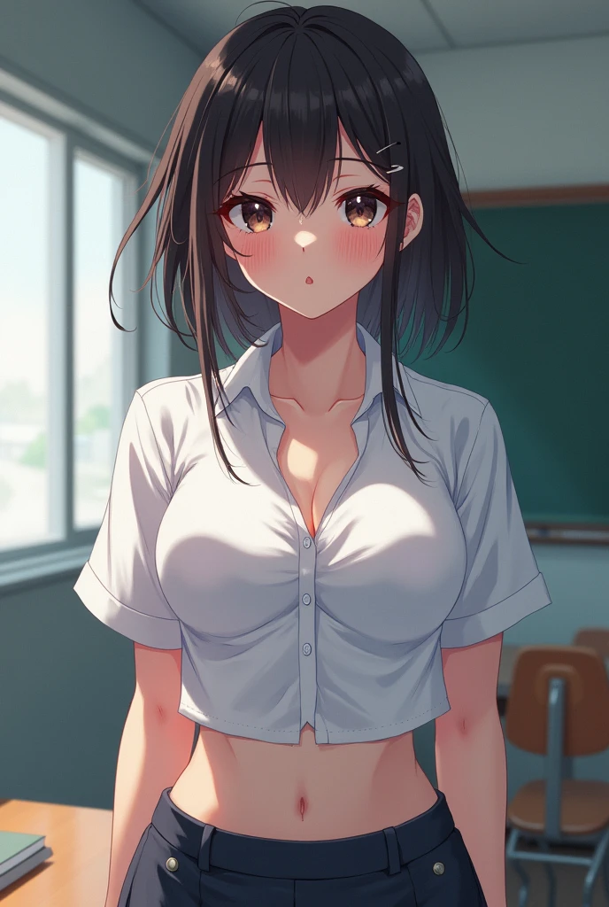 (masterpiece, best quality),  intricate details, 1girl, komi_shouko, white shirt, classroom, cleavage, sweaty