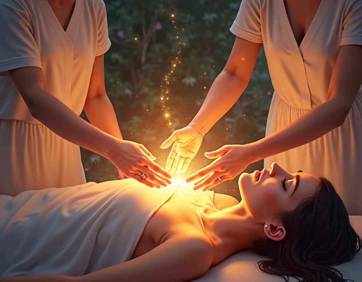 Woman with closed eyes and a small towel covering her eyes calmly lying down covered up to her neck with a blue sheet on a stretcher and four people applying energy with both hands on her head, chest , Belly and feet facing down without touching the woman lying down, environment lit with candles and incense, picture of the higher self on the wall