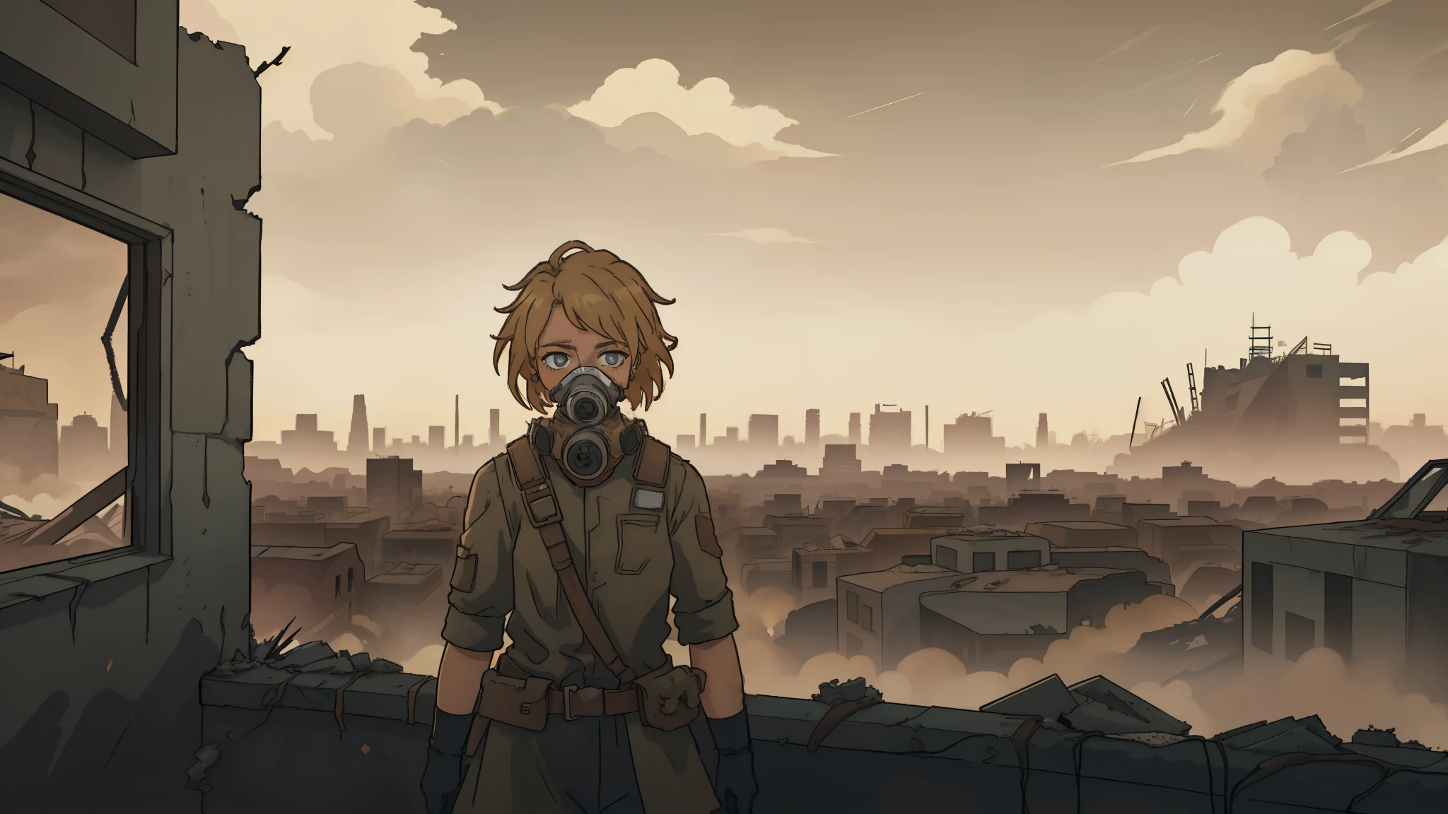 A photo of a lone wanderer in a desolate wasteland, blond hair, wearing tattered clothing and a gas mask to protect against the toxic air. The character's eyes, hardened and determined, reveal their resilience in the face of adversity. The background showcases the ruins of a crumbling city, with collapsed buildings and overgrown vegetation reclaiming the urban landscape. The camera angle is from a high perspective, emphasizing the vastness of the barren world. ISO 800, shutter speed 1/250, focal length 35mm, and a shallow depth of field. The sepia tone adds a sense of nostalgia and desolation. The epic character composition, combined with sharp focus and natural lighting, brings the captivating image to life. The subsurface scattering effect adds a touch of ethereal glow, while the f2 aperture and 35mm lens create a perfect balance of depth and detail. 99post96apocalyptic44