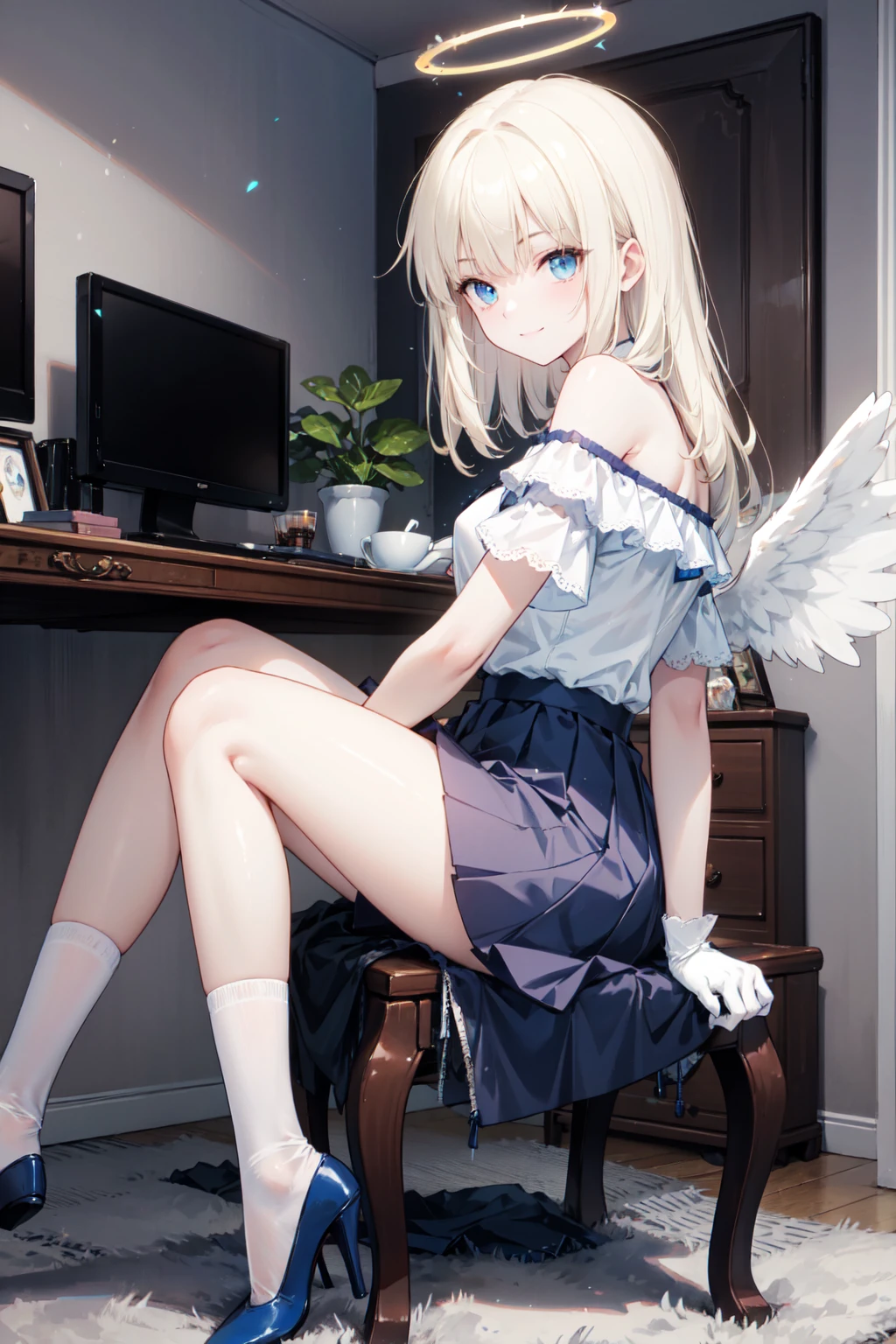 room, bookshelf, books
standing straight, full body, blush, sulking
<lora:filo:0.8> filo in maid outfit and striped legwear, solo, long hair, blue eyes, parted bangs, one pair of wings, looking at viewer, skirt lift, <lora:add_detail:1>