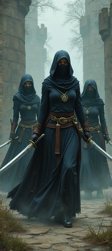 three female warriors wearing black hijabs