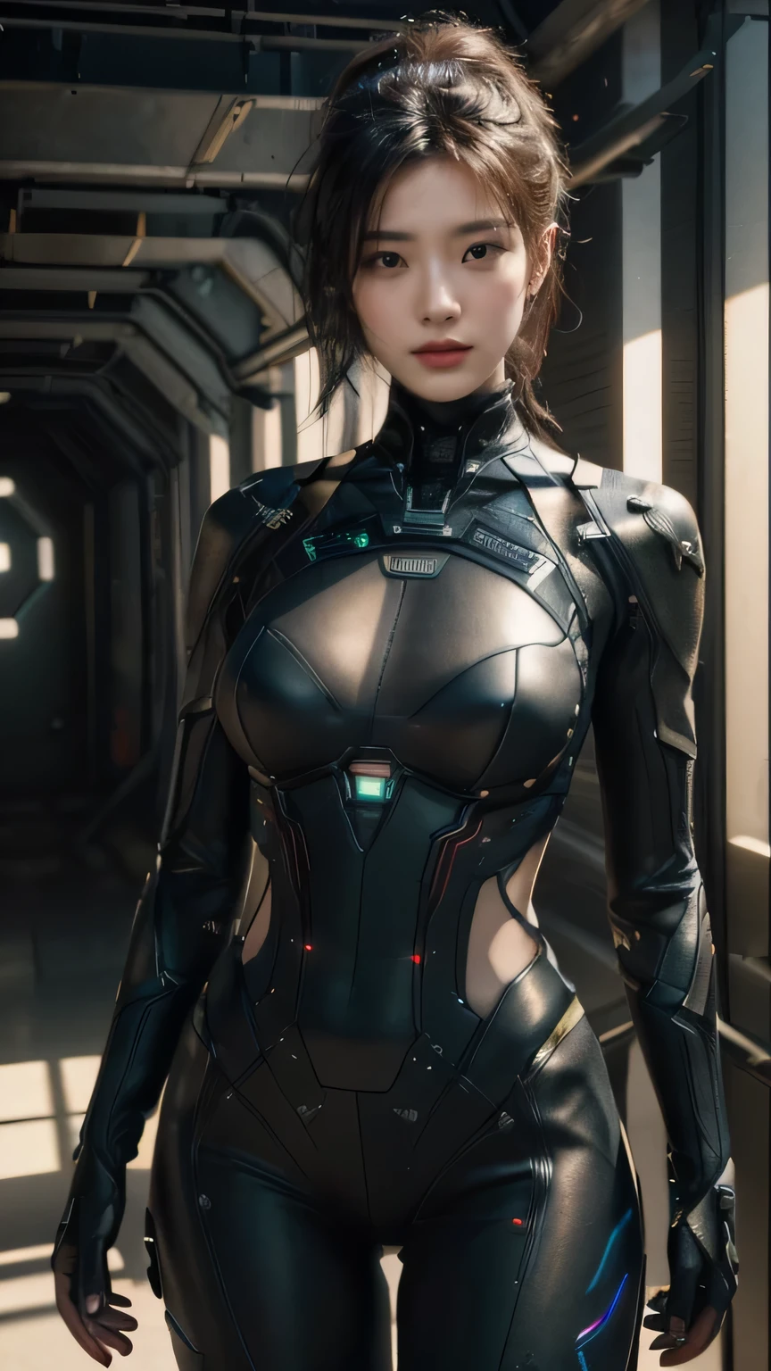 full length portrait, robot. Lights, soft light. spaceship, chest covered with fabric pad, Transparent abdomen, Beautiful body, perfect proportions, Epic, super realism