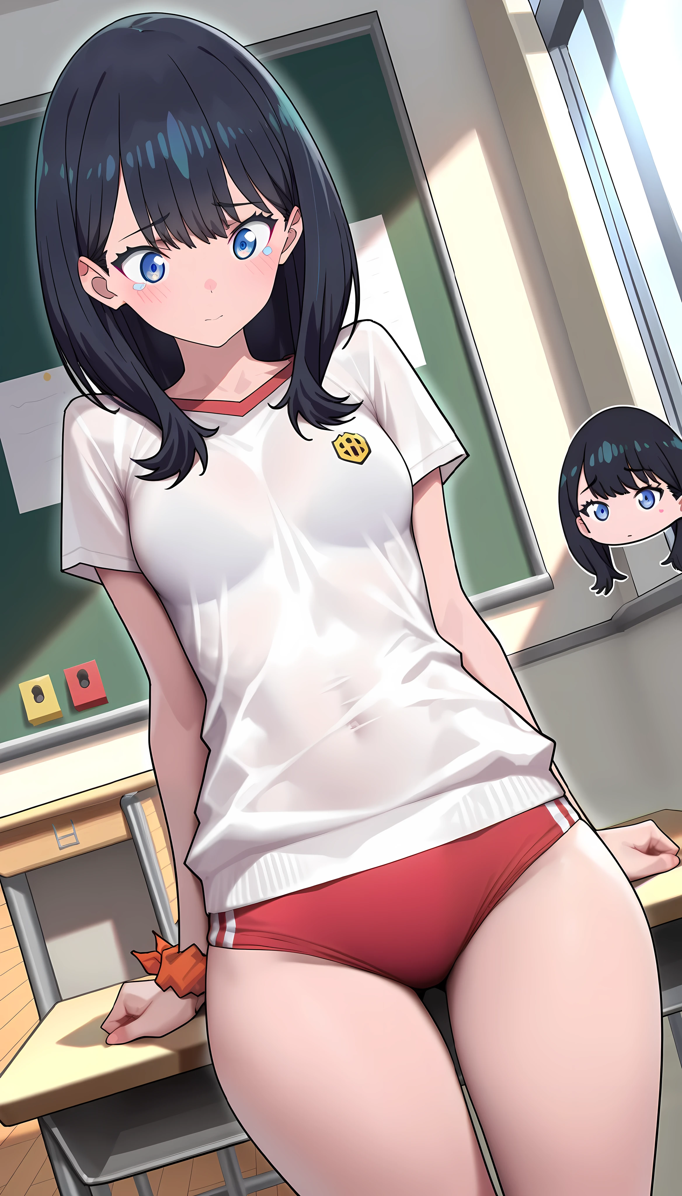 (superflat, flat shading, flat colors:1.1), (classroom), 1boy, 1girl, young , white panties, school shirt, grab from behind, smile, laugh, blush, vibrant colors, best shadows, watercolor,