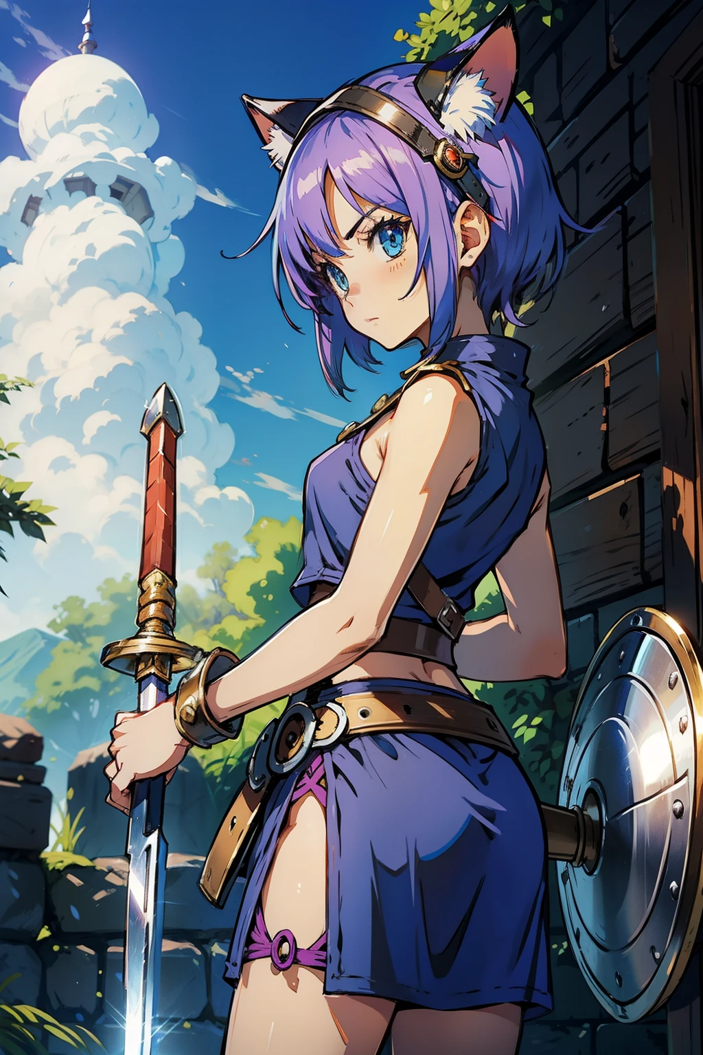 an animated character is in the background of a video game screener and an image of a girl in an with a sword on her shoulder and her breasts spread out