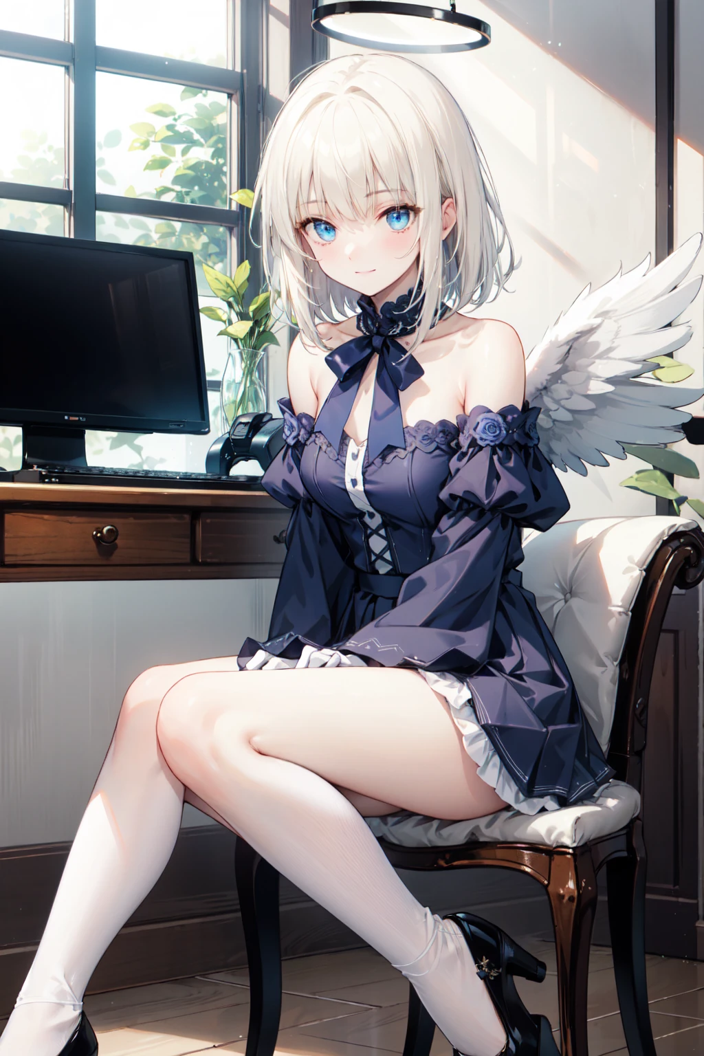 female, ((masterpiece, best quality, ultra detailed, absurdres), solo, short hair, breasts, looking at viewer, hime cut, ringed eyes, skirt,gradient hair, raibow hair,bow, cleavage, medium breasts, full body, short sleeves, socks, belt, black footwear, mole, sneakers, lips, maid, maid headdress , bed,hornsgirl, horns, wings, from_side, taking off shirt, open shirt, from above