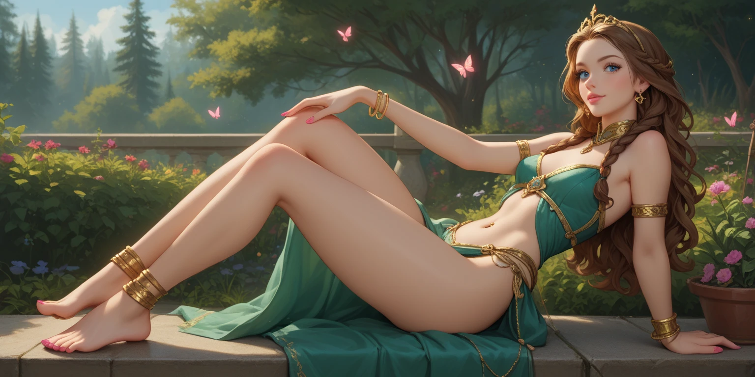 The princess Susheeng was lithe lovely, dark-hair curled and elaborately styled on top of her head, resting in a hammock-like chair of silk and fringed with tassels of gold thread, one of her arms was thrown back over her head, dressed seductively in light green silk, in ornate green palace, aloof, arrogant expression, bokeh, raytracing, realistic textured skin, particle effects, depth of field, (asian features:1.3)
