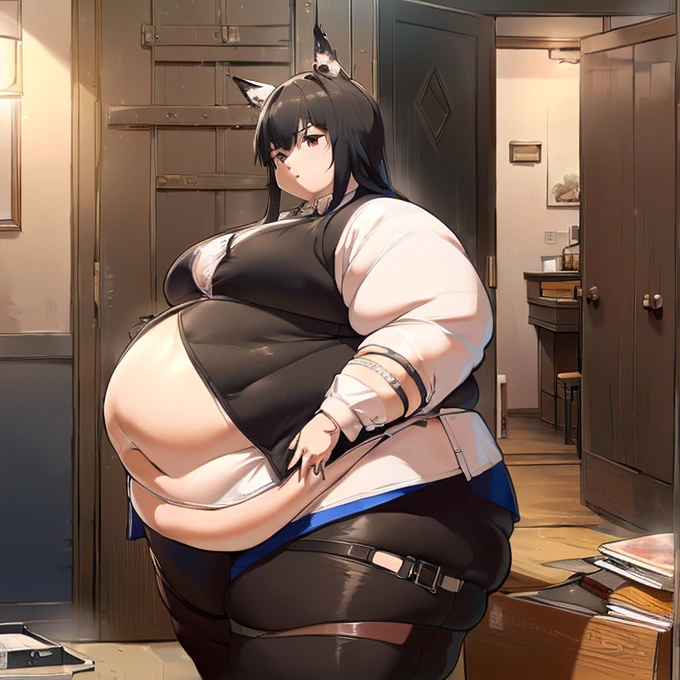  super high resolution , 最  High Quality  ,  super detailed, 4K,  1 girl, (8k,  High Quality  ,  Masterpiece  , 最  High Quality  ,  super detailed, Detailed aspects , Delicate hands,  one woman,  one woman ,  one girl, Texas (  Arknights  ), Alone,  animal ears  , ロング  black hair  ,  black hair  ,Inside the house,  extremely obese body ,Big body,large amount of fat  ,特大のBig Breasts, 特大Big Breasts,  huge thighs  , ((Big Breasts, Big Breasts,  huge thighs  , Big belly ))  Dynamic Poses  ,Big belly
