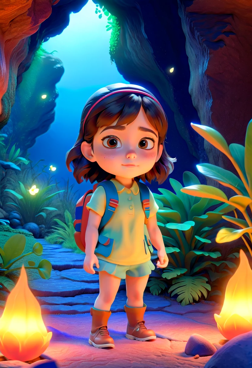 masterpiece, best quality, 4k,( Pixar - style :1.4), 1girl,(Cute,beautiful,wearing outdoor sportswear :0.7), 3D,full body,chibi,(Face close-up :1.2), (In a cave, at night, surrounded by glowing plants, flowers, flying fireflies, bonfires), (Ultra detailed, aesthetic, beautiful composition, rich bright colors, volumetric soft light). Inspired by Alice in Wonderland, magic, fairy tales. unreal Engine, octane render, cuteness render, 3d rendering, Adobe Photoshop, awe inspiring, beautiful, cute ,