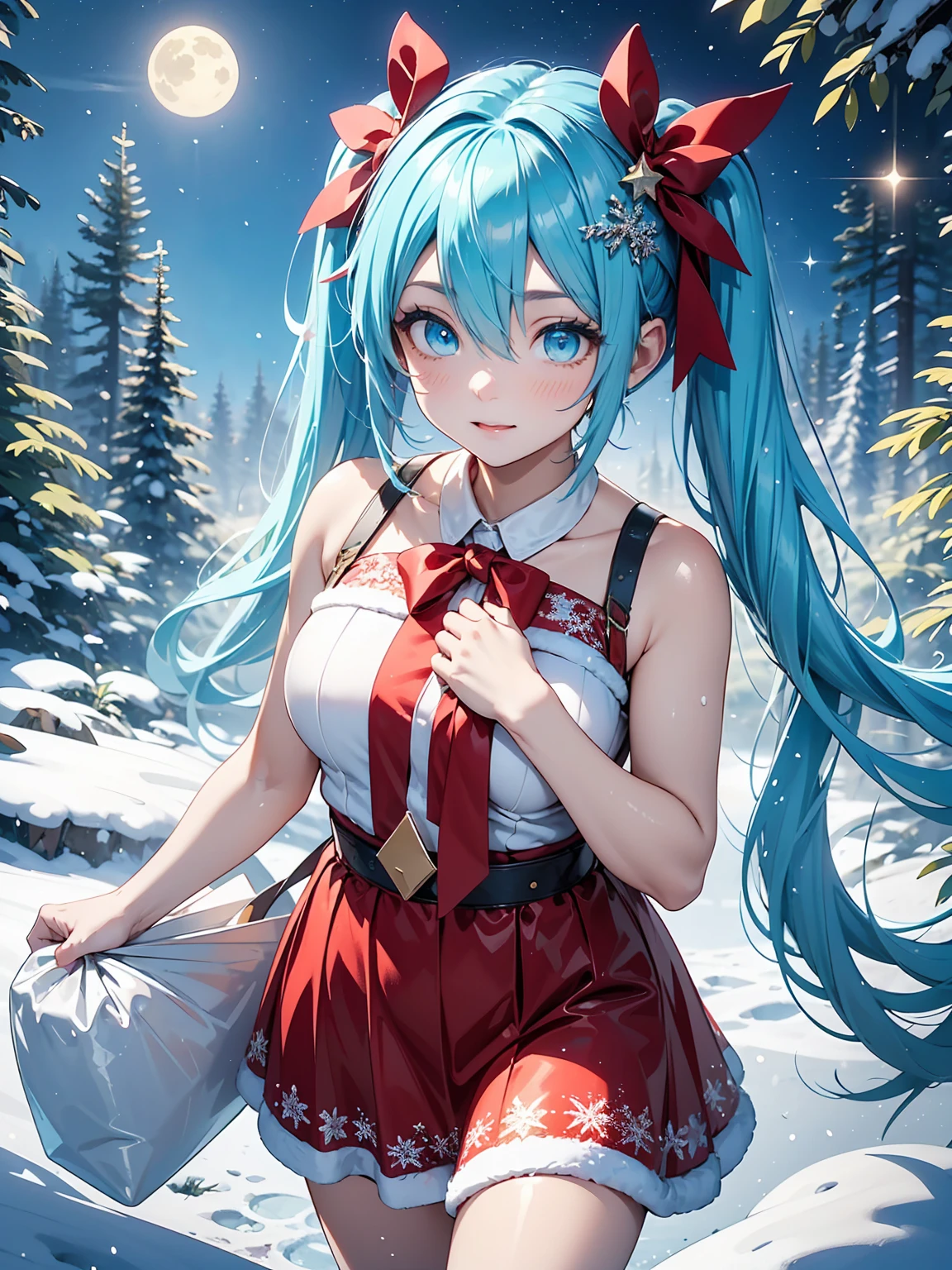 A high-resolution 8K Christmas illustration featuring a young girl dressed as Santa Claus walking through a snowy forest. She is carrying a large sack of presents, her red and white outfit glowing warmly against the cold, silvery snow. The moonlight filters through tall evergreen trees, casting soft shadows, while the sky sparkles with stars. The atmosphere is magical and serene, with her footprints leaving a trail behind her in the fresh snow,

hatsunemiku, miku hatsune, ahoge, aqua eyes, aqua hair, crossed bangs, hair between eyes, hair ornament,long hair, twintails,best quality, high resolution, unity 8k wallpaper, (illustration:0.8), (beautiful detailed eyes:1.6), extremely detailed face, perfect lighting, extremely detailed CG, 