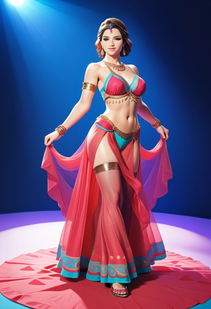 perfect face (hijab), (10 years old), (chubby:1.1) saree wlop perfect full HDR body exposed midriff curvy indian armpits bellydancer 8k high res knees ankles , cleavage (shiny skin:1.6) depth of field (full body shot) (high heels) red theme (pelvic_curtain:2)