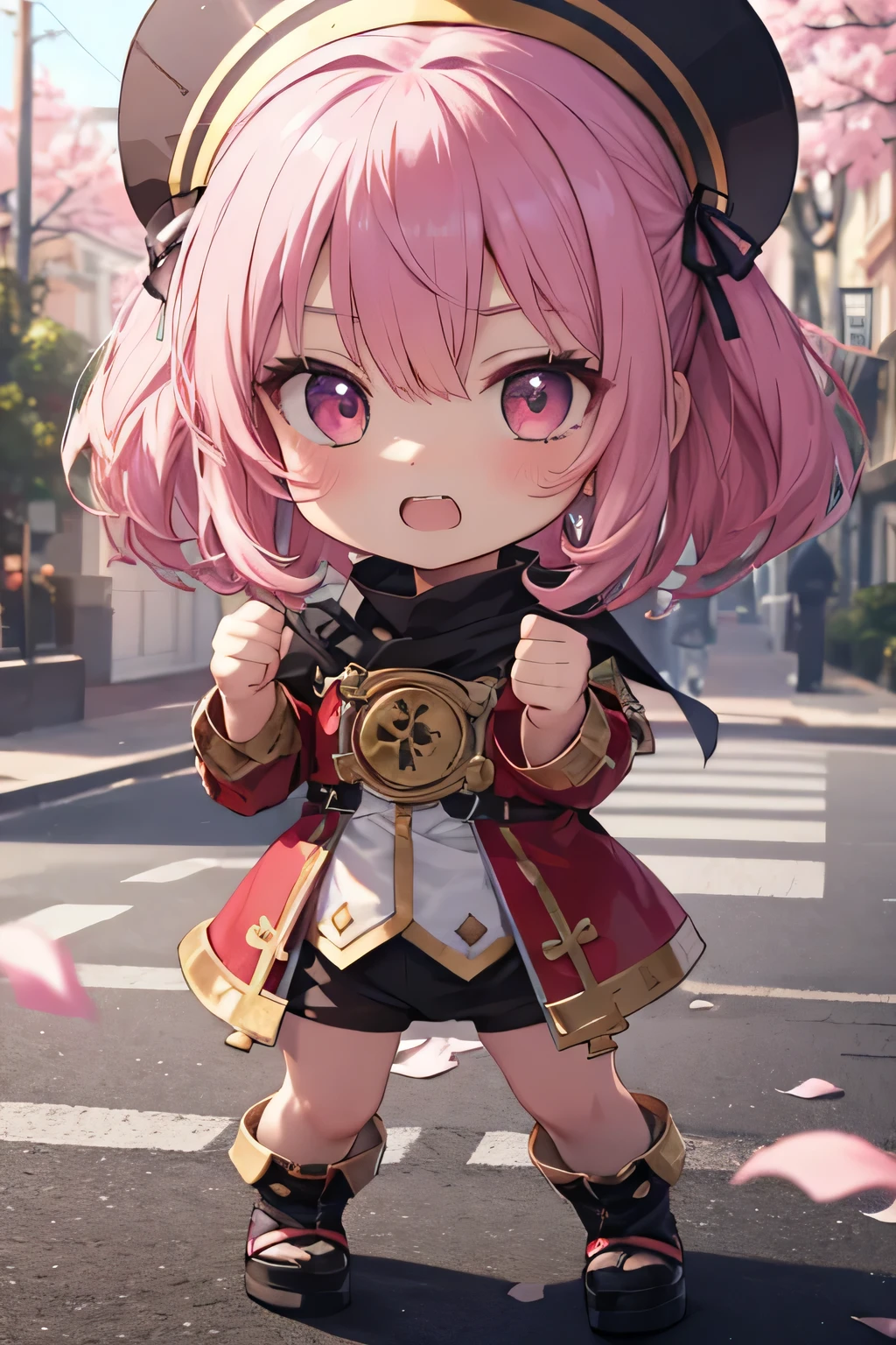 Serious girl ( showing teeth), standing, pink hair color, combat pose, mmorpg background , mmorpg background (A stranger), complete anatomy, graphic effects , ornament of an accessory shaped like a flower on her head, aura, Monk black and white uniform( ragnarok online ), white hood( ragnarok online ), height 159 cm ( 5 feet 3 inches ), hard fists , caste summoning circle ability Guillotine Fist((kanji)( ragnarok online )), Blue Fire Force +vapor, fire around, strong breeze , sakura petals and leaves, primera persona, blush, looking at the viewer, Charm, Pausa de toque ciego looking at the viewer, anime style very detailed face, 8K, light and shadow effect. masterpiece, The best quality , fullbody, Chibi, , (change:1.2), Nendoroide, PVC models