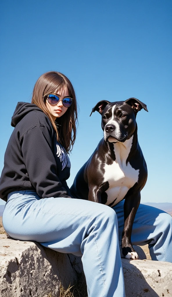 A woman and a dog sitting on a rock, outdoors. The woman is seated slightly left of center, wearing a black hoodie, a light blue/gray sweatshirt, and light wash blue sweatpants. She has light brown hair and is wearing light-blue sunglasses.  Her expression is neutral. The dog is a black and white Pitbull, sitting beside her, positioned slightly right of center. The dog is looking forward. The background is a clear, bright blue sky. The light is bright and sunny.  The composition is casual, with a focus on the interaction between the woman and dog. The overall tone is friendly and relaxed. Rocks are in the foreground.  The perspective is slightly above the subjects.  The style is a casual snapshot photograph.
