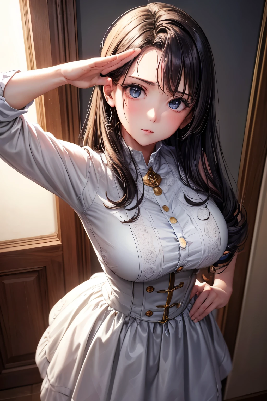 (8k, raw photo, masterpiece, extremely detailed, best quality, professional lighting, high res), BREAK beautiful and adorable girl, salute, BREAK (close up model), (she is looking up the viewer, view from above, front view:1.3), BREAK (she is saluting the viewer, she salutes, she is saluting the viewer with respect, (salute with one hand, she is placing only one hand on the forehead:1.3), she is placing one hand on the forehead and keeping the other hand straight by side of her waist, she is standing straight:1.5), BREAK standing, standing straight, position of attention, well mannered