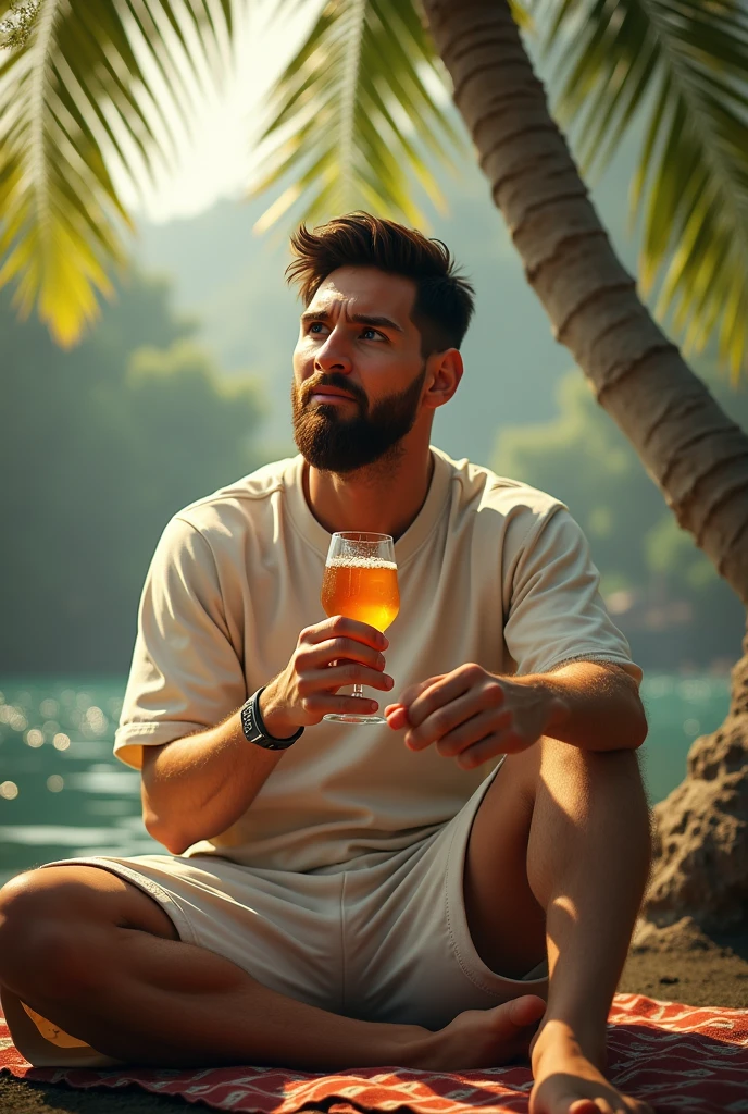 Messi with a beer in his hand on the beach listening to music with black wired headphones 