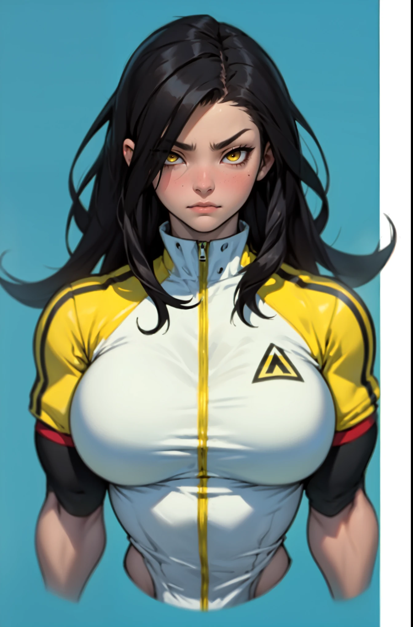 sad pale muscular girl massive breasts hair black hair yellow eyes extremely long hair sad neon thick 