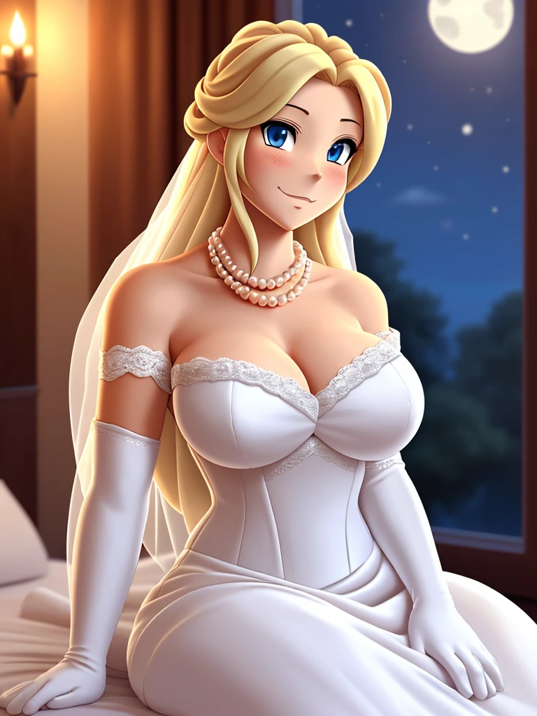 Solo, alone, crossdressing, anime, adult woman, tall woman, beauty, large breasts, long hair, blonde hair, blue eyes, wedding hair ornament, white wedding dress, off shoulder dress, lace gloves, white gloves, elbow gloves, bedroom, sit, night, (gigantic bust:1.4), looking at viewer, pearl necklace, corset,