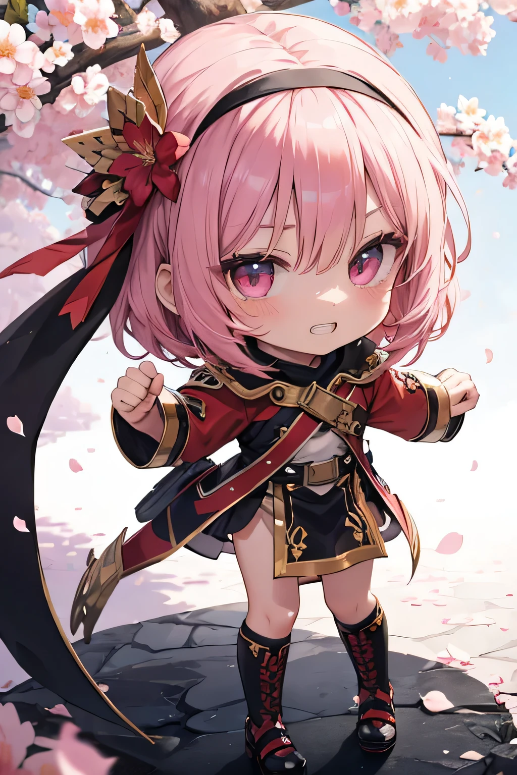 Serious girl ( showing teeth), standing, pink hair color, combat pose, mmorpg background , mmorpg background (A stranger), complete anatomy, graphic effects , ornament of an accessory shaped like a flower on her head, aura, Monk black and white uniform( ragnarok online ), white hood( ragnarok online ), height 159 cm ( 5 feet 3 inches ), hard fists , caste summoning circle ability Guillotine Fist((kanji)( ragnarok online )), Blue Fire Force +vapor, fire around, strong breeze , sakura petals and leaves, primera persona, blush, looking at the viewer, Charm, Pausa de toque ciego looking at the viewer, anime style very detailed face, 8K, light and shadow effect. masterpiece, The best quality , fullbody, Chibi, , (change:1.2), Nendoroide, PVC models