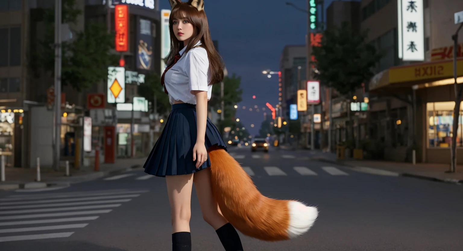 A woman with a red fox tail walking on the road, Fox tail, foxgirl, female furry mini cute style, fox nobushi, a beautiful kitsune woman, White panties, pov furry art, Realistic style, a beautiful kitsune woman, Bushy tail, a picture, top-quality, flered skirt