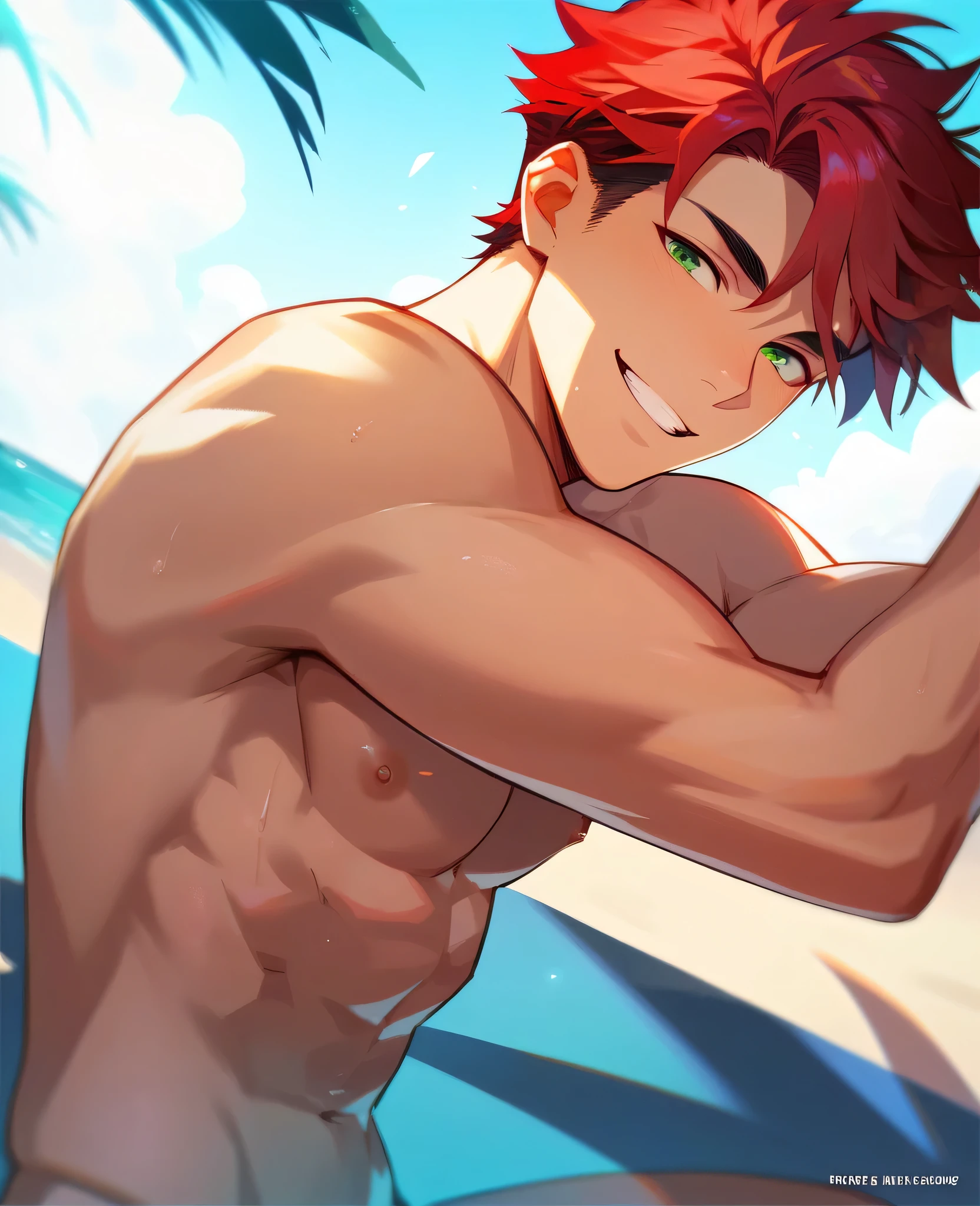 Naked Asian boy on the beach, with his dick showing, a big dick, very horny, green eyes and red hair, in a sexy pose