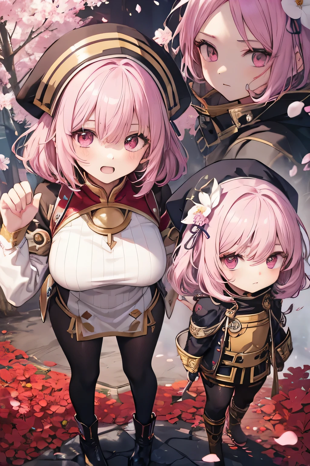 Serious girl ( showing teeth), standing,  pink hair color, combat pose,  mmorpg background ,  mmorpg background (A stranger), complete anatomy,   graphic effects ,  ornament of an accessory shaped like a flower on her head, aura, Monk black and white uniform( ragnarok online ), white hood( ragnarok online ), height 159 cm  ( 5 feet 3 inches ), hard fists ,  caste summoning circle ability Guillotine Fist((kanji)( ragnarok online )), Blue Fire Force +vapor,  fire around, strong breeze ,  sakura petals and leaves, primera persona, blush, looking at the viewer, Charm, Pausa de toque ciego looking at the viewer,  anime style very detailed face, 8K, light and shadow effect.  masterpiece,  The best quality , fullbody, Chibi, , (change:1.2), Nendoroide, PVC models 