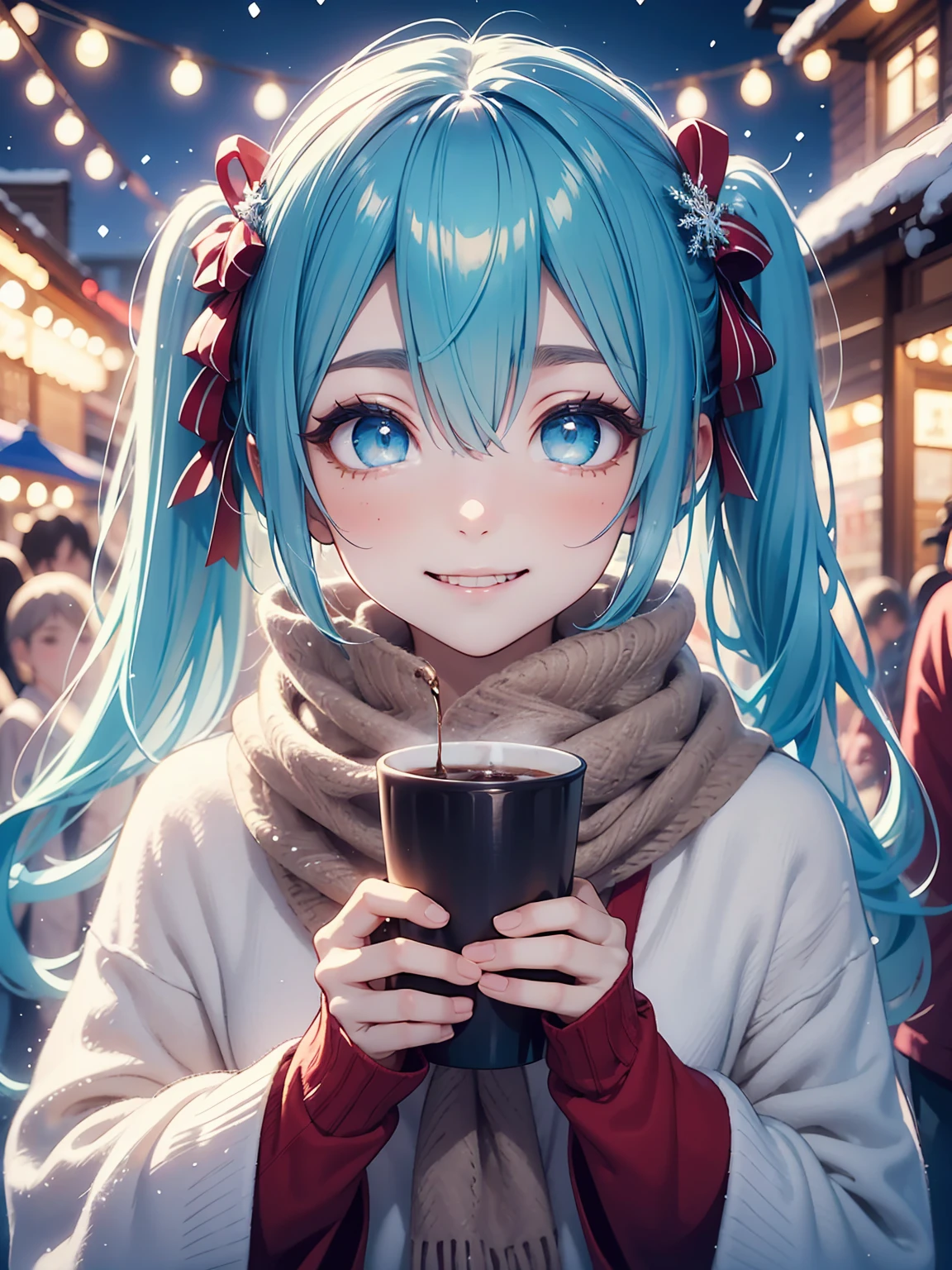 An 8K ultra-detailed Christmas scene of a young girl enjoying a cup of hot chocolate at a festive Christmas market. She is surrounded by twinkling lights, decorated wooden stalls, and a grand Christmas tree. The girl’s winter coat and scarf add a cozy feel as she smiles warmly. In the background, there are people browsing stalls, colorful decorations, and light snow falling gently to the ground, creating a lively yet enchanting holiday atmosphere,

hatsunemiku, miku hatsune, ahoge, aqua eyes, aqua hair, crossed bangs, hair between eyes, hair ornament,long hair, twintails,best quality, high resolution, unity 8k wallpaper, (illustration:0.8), (beautiful detailed eyes:1.6), extremely detailed face, perfect lighting, extremely detailed CG, 