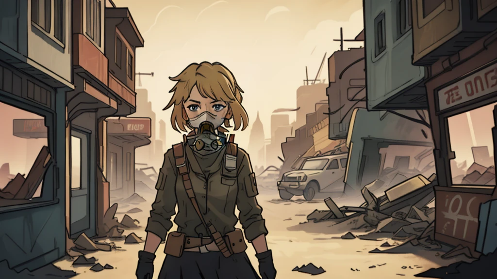 A photo of a lone wanderer girl in a desolate wasteland, blond hair,  wearing tattered clothing and a gas mask to protect against the toxic air. The character's eyes, hardened and determined, shy, краснеть, reveal their resilience in the face of adversity. The background showcases the ruins of a crumbling city, with collapsed buildings and overgrown vegetation reclaiming the urban landscape. The camera angle is from a high perspective, emphasizing the vastness of the barren world. ISO 800, shutter speed 1/250, focal length 35mm, and a shallow depth of field. The sepia tone adds a sense of nostalgia and desolation. The epic character composition, combined with sharp focus and natural lighting, brings the captivating image to life. The subsurface scattering effect adds a touch of ethereal glow, while the f2 aperture and 35mm lens create a perfect balance of depth and detail. 99post96apocalyptic44