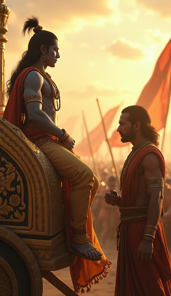 Create the scene of Mahabharat and Lord Krishna help them Arjun