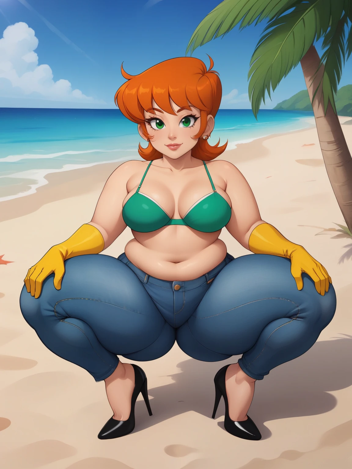 Dexter's mom. short hairstyle. ginger. green eyes. small saggy breasts. huge hips. bbw. big ass. yellow gloves. bra. jeans. heels. beach. view from the back