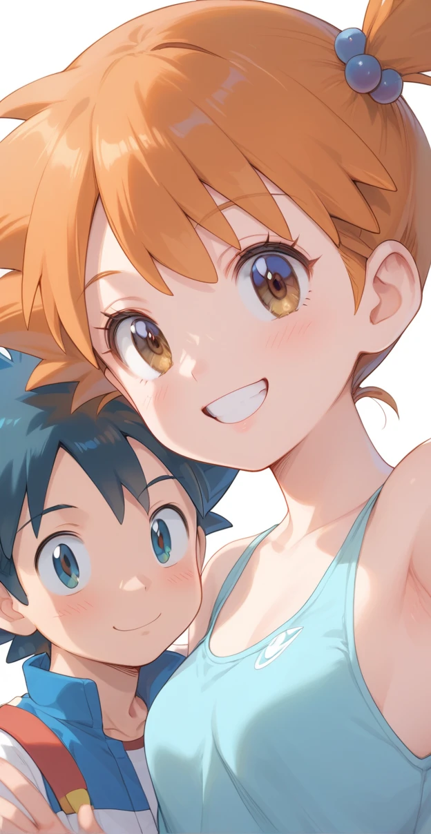 Ash_pokemon , black hair, brown eyes, smile soft .ash Ketchum ,1 guy. Misty_pokemon , Berry Short,Orange Hair, soft skin, girl looking at boy face to face, the boy is surprised and the girl has short hair and is smiling with her eyes open, her pupils are star-shaped, in the 's room, the perspective is frontal from the waist up estilo anime