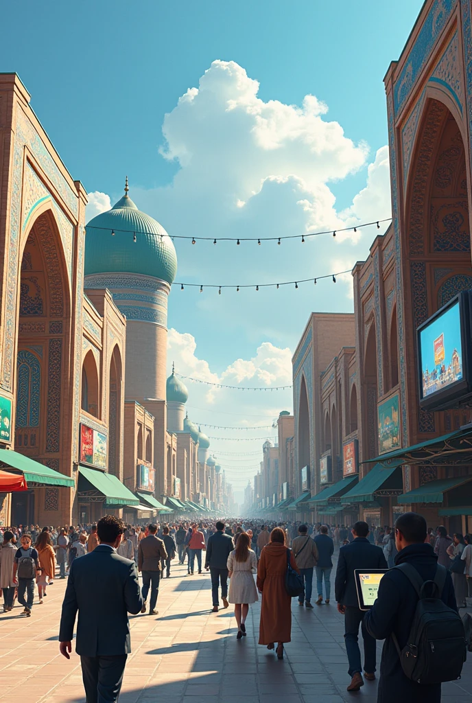 persian iranian bazar, shops in left and right, children running, flower shop, fruit shop, cloth shop, handy craft shop, an old man with smile sit on chair and looking people, sunset twilight dramatic light, persian arch architecture, 3d cartoon style, animation style