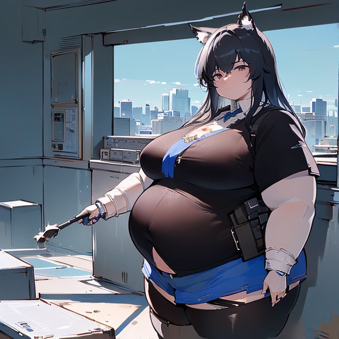  super high resolution , 最  High Quality  ,  super detailed, 4K,  1 girl, (8k,  High Quality  ,  Masterpiece  , 最  High Quality  ,  super detailed, Detailed aspects , Delicate hands,  one woman,  one woman ,  one girl, Texas (  Arknights  ), Alone,  animal ears  , ロング  black hair  ,  black hair  ,Town,  extremely obese body ,Big body,large amount of fat  ,特大のBig Breasts, 特大Big Breasts,  huge thighs  , ((Big Breasts, Big Breasts,  huge thighs  , Big belly ))  Dynamic Poses  ,Big belly
