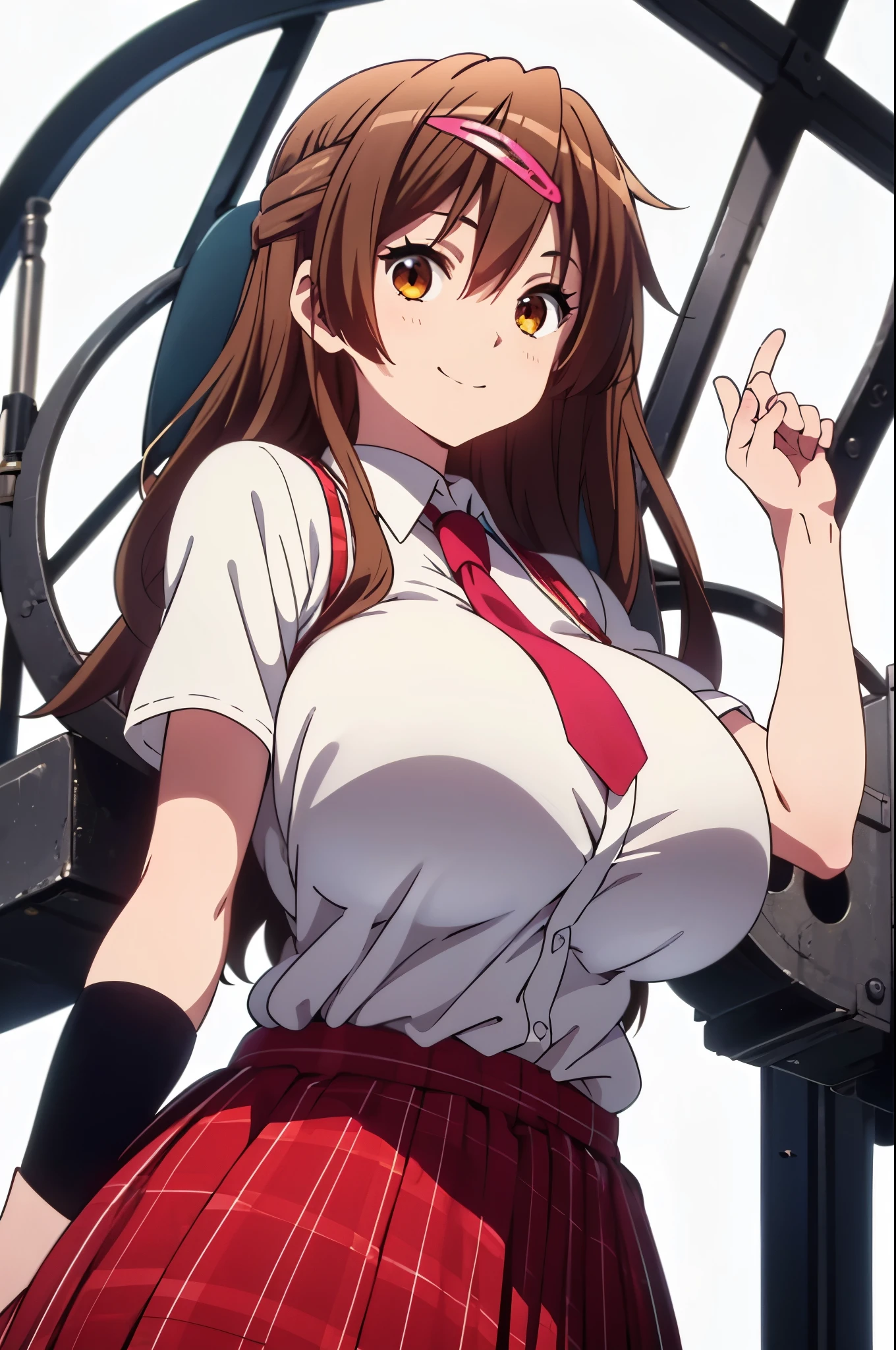 solo, 1girl, ((huge tits)), looking at viewer, 2D, anime, anime coloring, (solid white background:1.3), nibutani, school uniform, necktie, looking at viewer, closed mouth, smile, short skirt, upperbody 