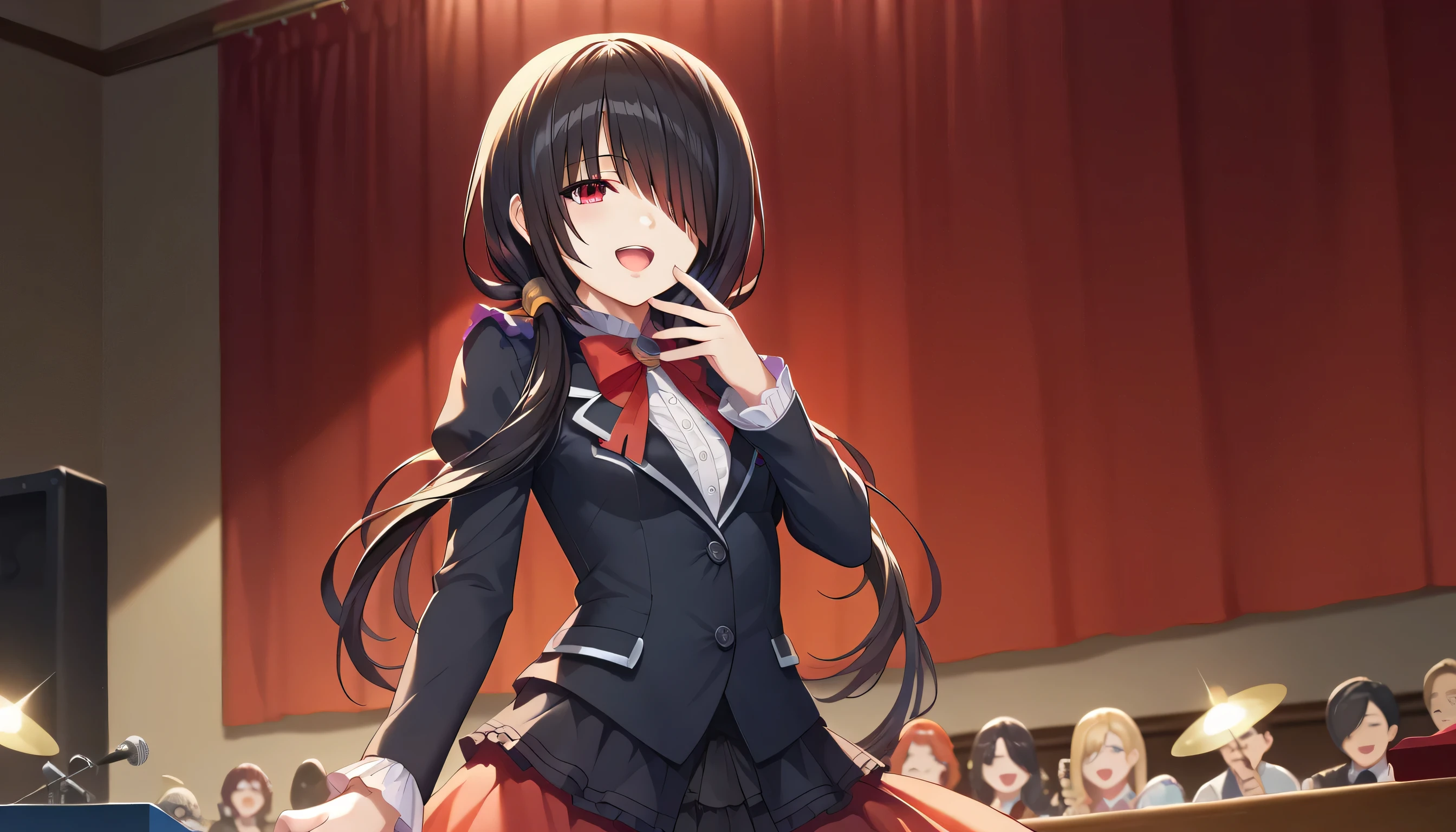 (((masterpiece))),(((best quality))),(((extremely detailed))),illustration,who, (masterpiece, top quality, best quality, official art, beautiful and aesthetic:1.2),(8k, best quality, masterpiece:1.2), tokisaki kurumi, black hair, low twintails, (hair over one eye:1.5), (red eyes:1.2), (small breast:1.2), cowboy shot, sing, singing, holding mic, mic, open mouth, looking at viewers