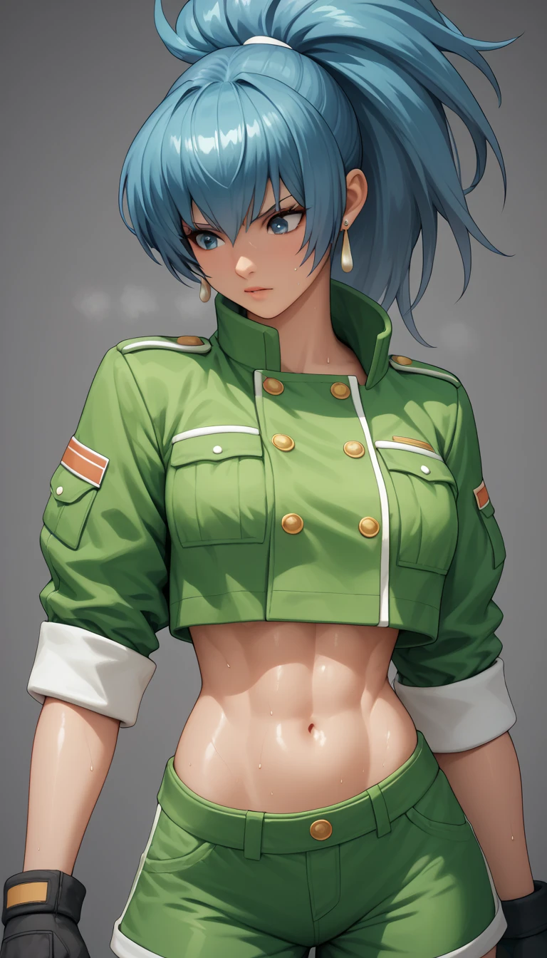 BREAK 1girl,cute,{{slender}},beautiful detailed breasts,shiny skin,{{{beautiful detailed breasts}}},{gleaming skin},{shiny skin},Sweat, BREAK 1girl,leonakofdg , green shorts, midriff, crop top, black gloves, military uniform, green jacket, earrings, jewelry,BREAK {{{best quality, very aesthetic, ultra-detailed, extremely detailed, perfect anatomy}}},sound effects,