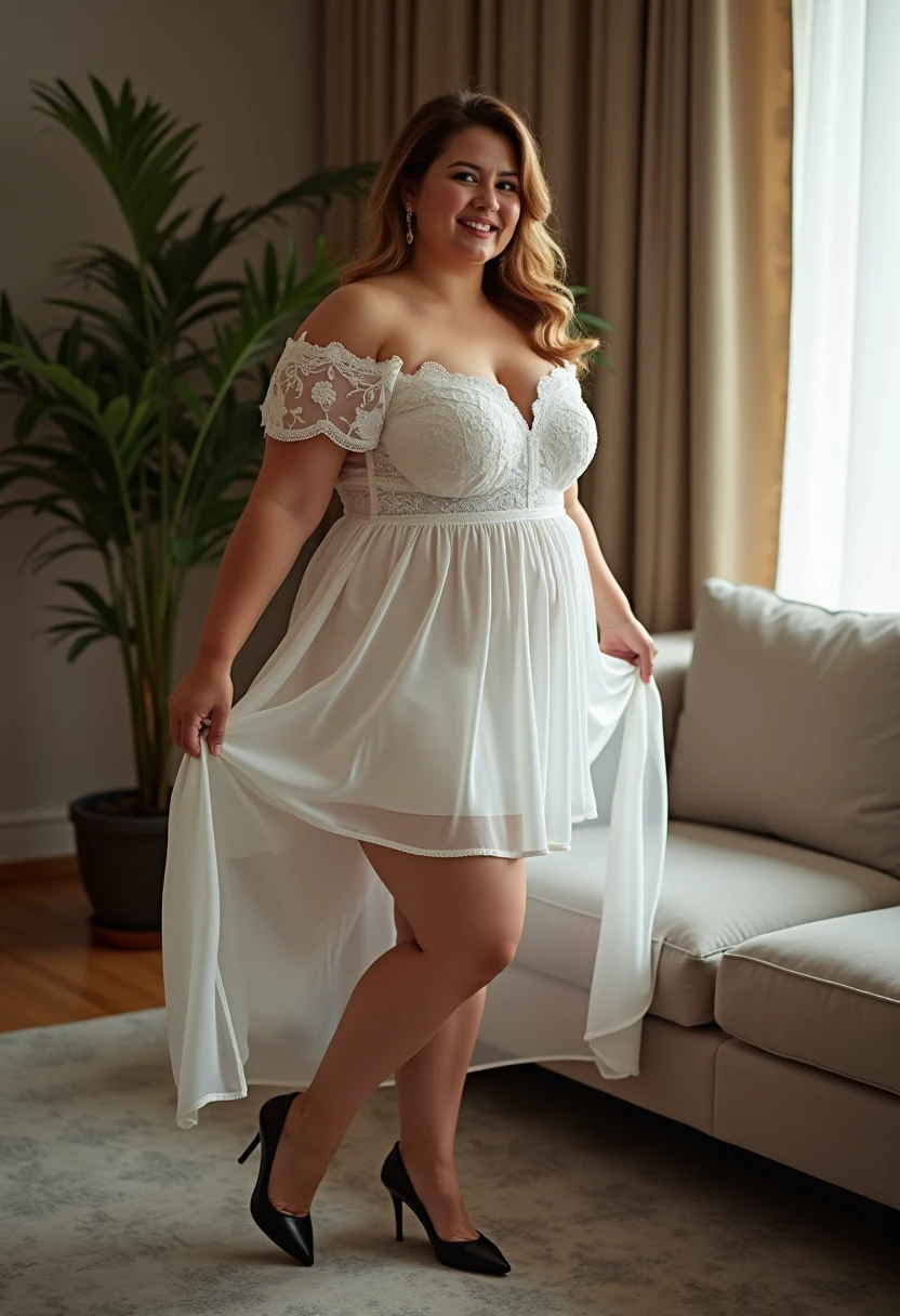 A beautiful and hot almost chubby mature  woman.who wears a long dress with lace-like sleeves.  wearing high heels  and standing at home.  A smiling face..