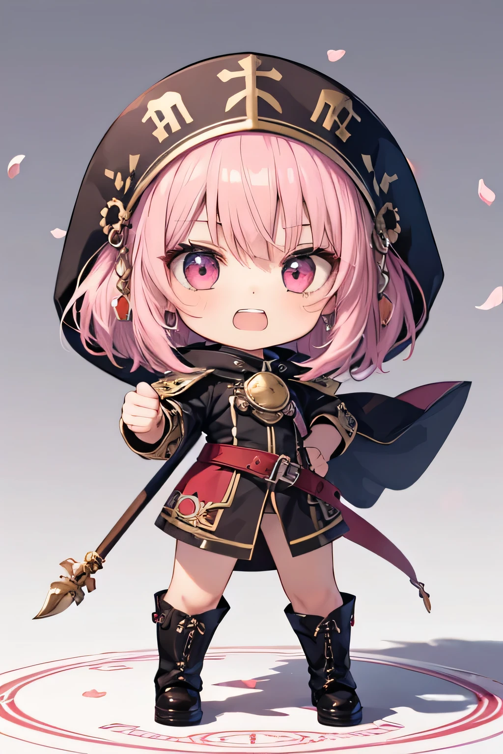 Serious girl ( showing teeth), standing,  pink hair color, combat pose,  mmorpg background ,  mmorpg background (A stranger), complete anatomy,   graphic effects ,  ornament of an accessory shaped like a flower on her head, aura, Monk black and white uniform( ragnarok online ), white hood( ragnarok online ), height 159 cm  ( 5 feet 3 inches ), hard fists ,  caste summoning circle ability Guillotine Fist((kanji)( ragnarok online )), Blue Fire Force +vapor,  fire around, strong breeze ,  sakura petals and leaves, primera persona, blush, looking at the viewer, Charm, Pausa de toque ciego looking at the viewer,  anime style very detailed face, 8K, light and shadow effect.  masterpiece,  The best quality , fullbody, Chibi, , (change:1.2), Nendoroide, PVC models 