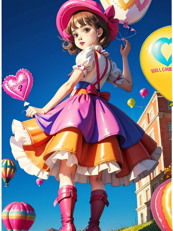  a 14-years-old lady, sissy, loli, cancan uniform, (((having balloons))), boots, geometric background, vibrant colors, watercolor, (((full body))), big ribbon, looking back at me, hat, long flare skirt,