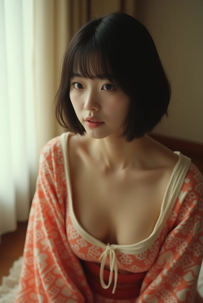 Professional photo-realistic images。A cute Japanese woman with short fluffy hair wearing a wide-necked sweatshirt without a bra。She is leaning forward and looking up at me. Her nipples are visible through the gap in her collar. (flat chest:1.6), Front view from above。She is blushing and looking at me with an embarrassed face. 