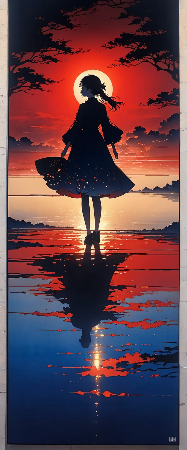 This image is、It depicts the silhouette of a girl standing against the backdrop of a beautiful sunset.。. As the sky rises  ,  horizon、 from deep black, it changes to deep red near the . The person is、 This image 。, Some are illuminated,  creates a stunning and enchanting contrast between {x} deep electric blue as it rises close to the horizon {x} dark silhouettes. owl，This person appears to have one arm outstretched., Perhaps it&#39;s adapted to light、Interacts with light. The overall atmosphere of the image is serene and magical..