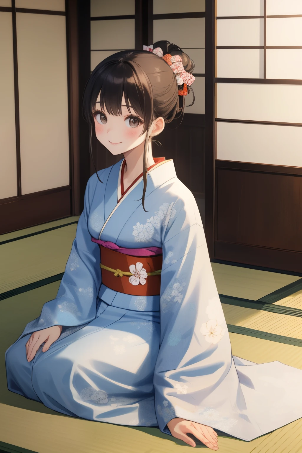 Anime girl in kimono sitting on the floor in a kimono - SeaArt AI