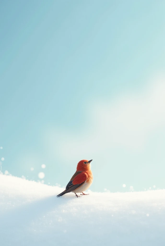 masterpiece,I’m a very little bird,beautiful red wings, look up the vast sky from the depth of the ground footprints in snow,detail of wings,soft tone blue sky,minimalist,