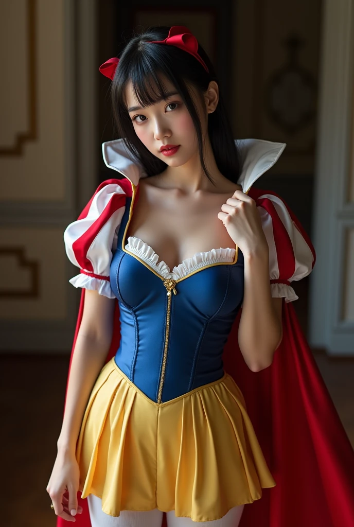 Extreme closeup, upper body shot,Beautiful Japanese 14 year old female ager, wearing snow white cosplay, blue silk corset, red silk cape, yellow silk pleated skater skirt, silk leggings, black bob hair, red hairband, masterpiece, photorealistic, amazingly detailed face, maximum resolution, hand on hip, happy, dynamic pose, cute, extremely detailed skin, down blouse shot, bending over, wink