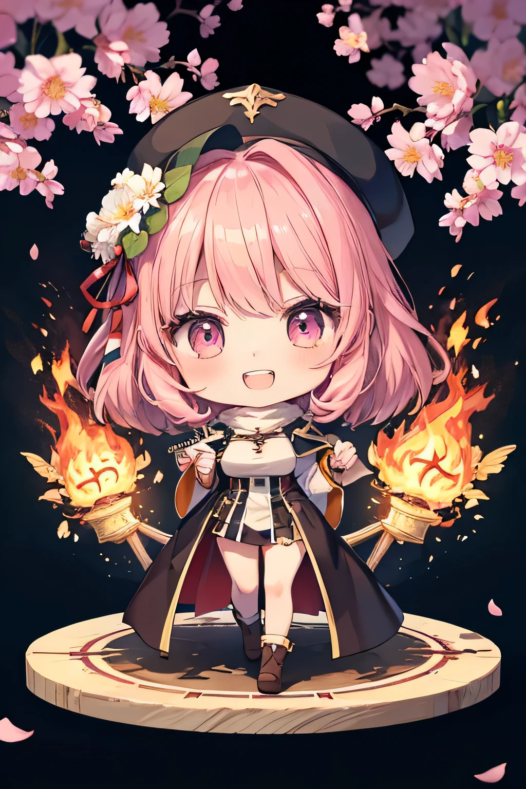 happy girl ( showing teeth), standing,  pink hair color,  mmorpg background ,  mmorpg background (A stranger), complete anatomy,   graphic effects ,  ornament of an accessory shaped like a flower on her head, aura, white beret, height 159 cm  ( 5 feet 3 inches ), Caste summoning circle Heal ability( ragnarok online ), Blue Fire Force +vapor,  fire around, strong breeze ,  sakura petals and leaves, primera persona, blush, looking at the viewer, Charm, Pausa de toque ciego looking at the viewer,  anime style very detailed face, 8K, light and shadow effect.  masterpiece,  The best quality , fullbody, Chibi, , (change:1.2), Nendoroide, PVC models 