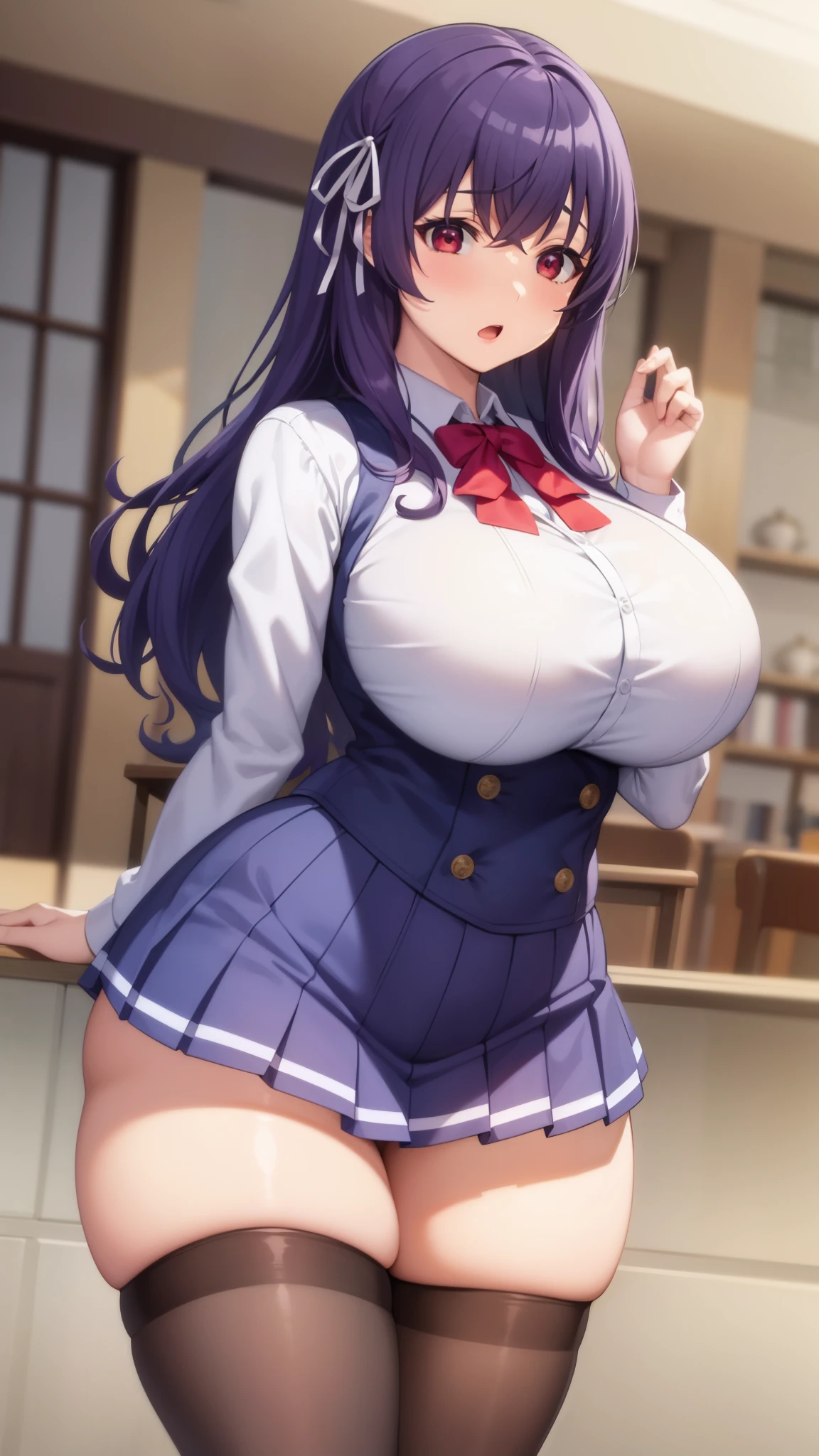 huge-breasted,chubby milf, Good hands, wide hips,Good eyes, Purple hair ,Red Eyes ,Medium Hair, Open mouth,,Cowboy Shot,Hair Ribbon,,school unform ,skirt,white thighhigh