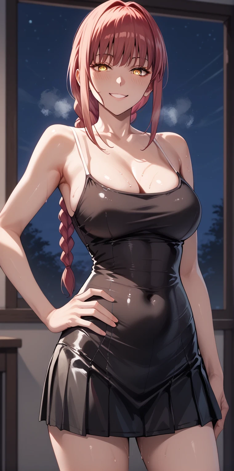  Makima, 1girl, solo, long hair, breasts, smile, bangs, large breasts,yellow eyes, braid, sidelocks, red hair, braided ponytail, ringed eyes, seductive smile, looking at viewer, shinny eyes, heavy breath, yandere, night, Obsession Gaze,  ruanyi1045,camisole,spaghetti strap skirt, mini skirt, parted skirt,skin tight, hand on hip, smile, looking at viewer, blush, sweat drop, whole body 