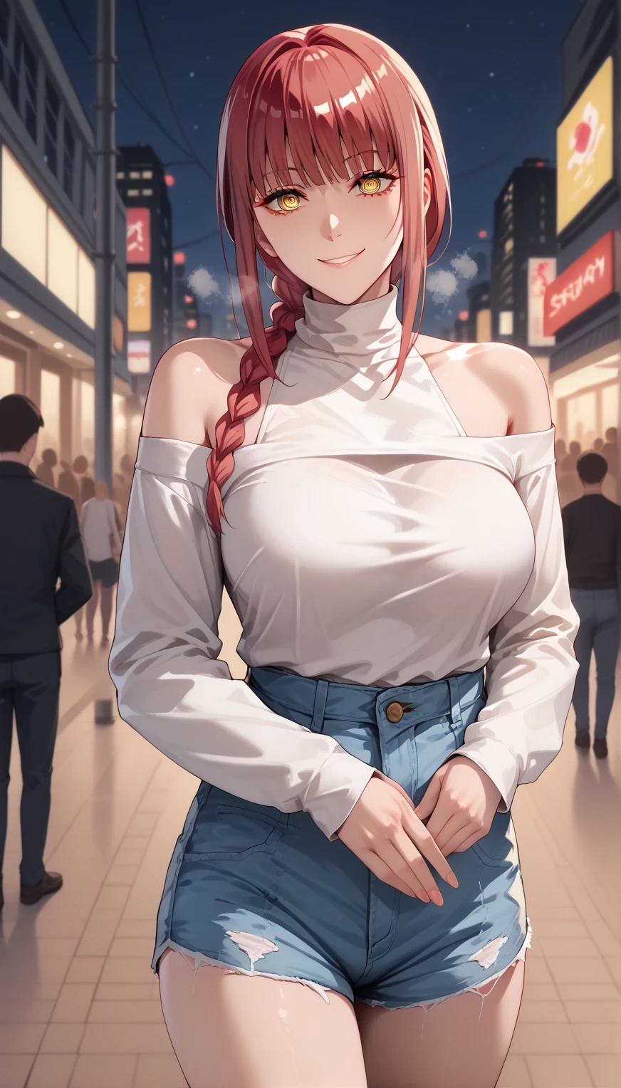  Makima, 1girl, solo, long hair, breasts, smile, bangs, large breasts,yellow eyes, braid, sidelocks, red hair, braided ponytail, ringed eyes, seductive smile, looking at viewer, shinny eyes, heavy breath, yandere, night, Obsession Gaze, ruanyi1043,off shoulder,turtleneck,long sleeves,denim shorts, whole body, outdoors, city, cyberpunk, crowd, blurry backgrounds, 