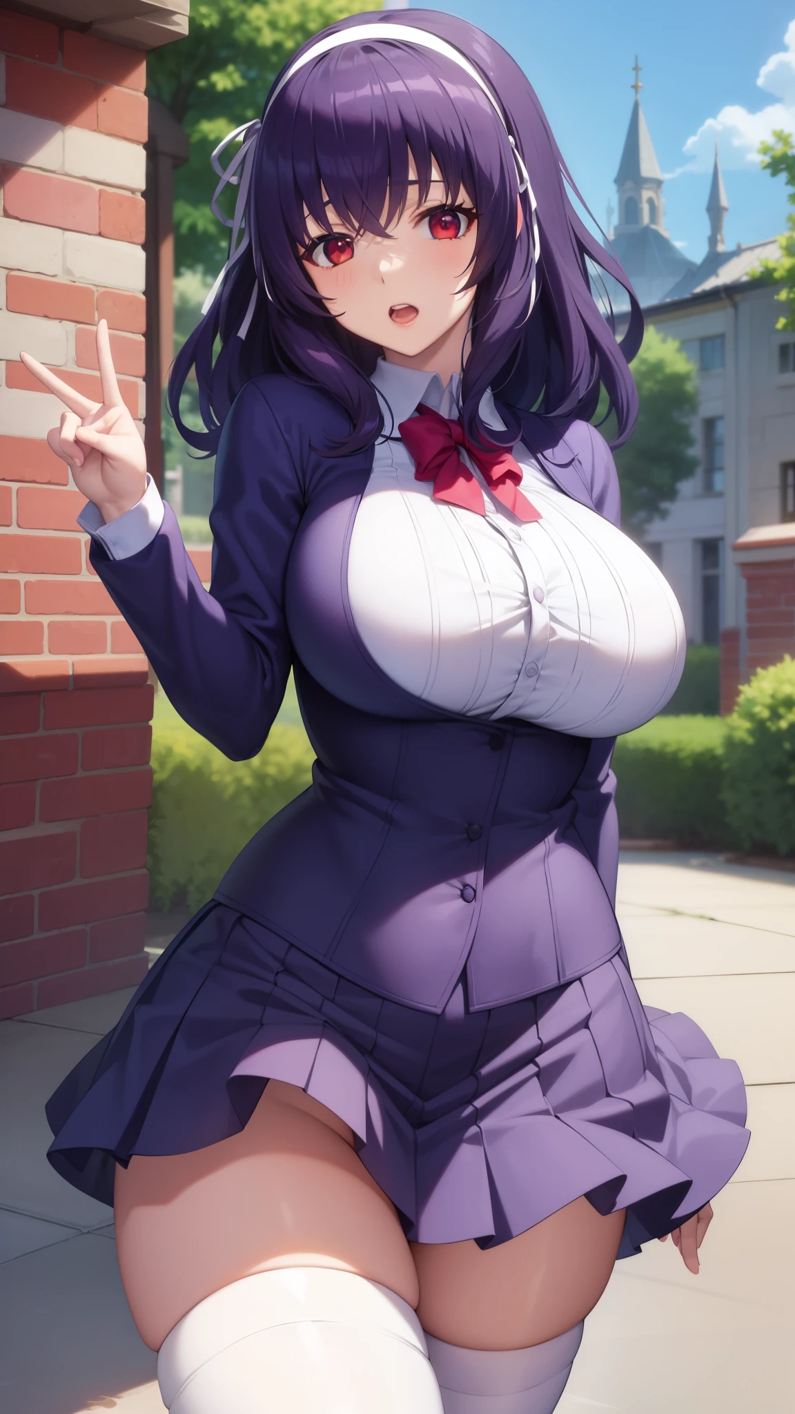  milf, Good hands, wide hips,Good eyes, Purple hair ,Red Eyes ,Medium Hair, Open mouth,,Cowboy Shot,Hair Ribbon,,school unform ,skirt,white thighhigh,curvy