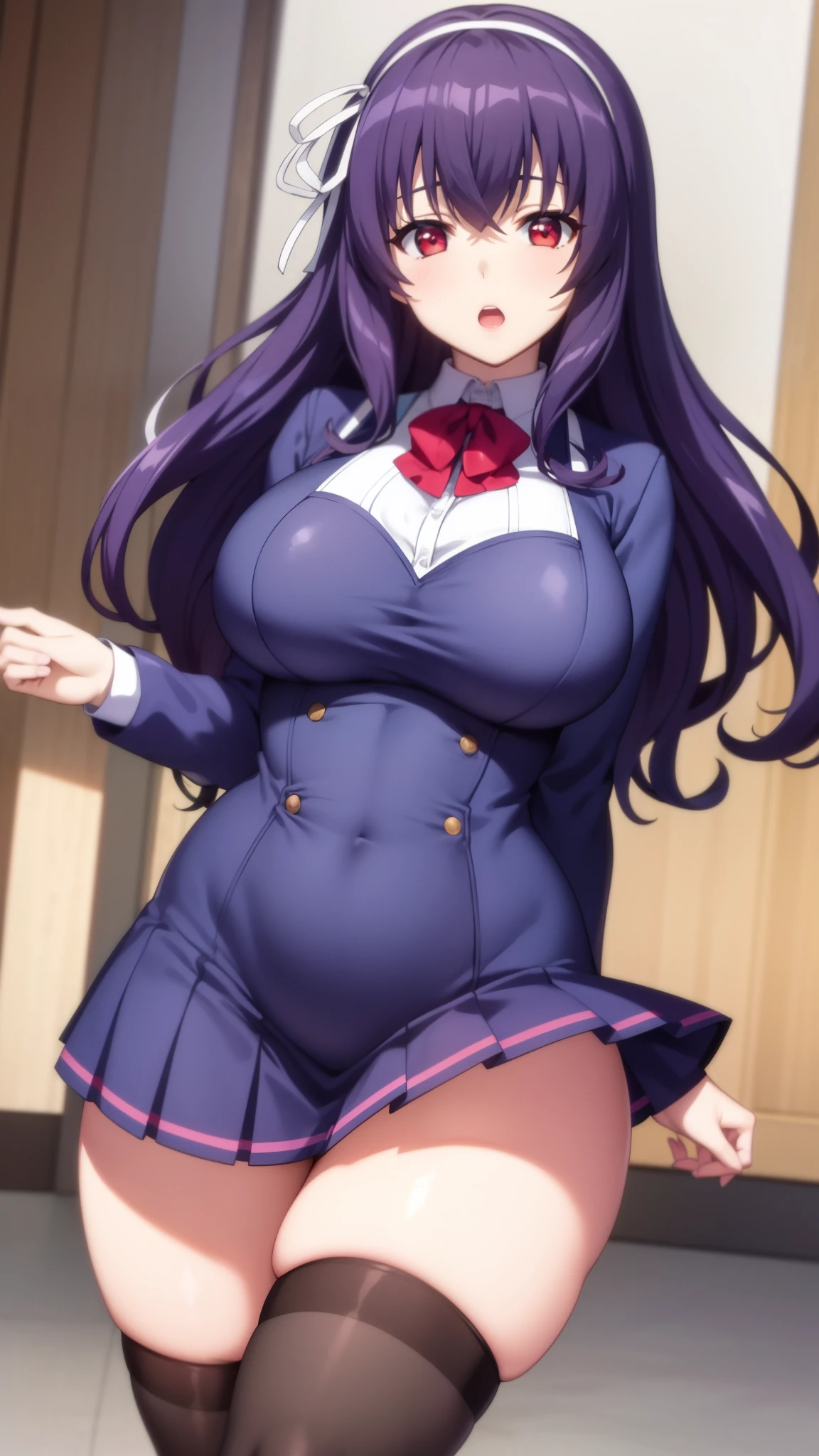  milf, Good hands, wide hips,Good eyes, Purple hair ,Red Eyes ,Medium Hair, Open mouth,,Cowboy Shot,Hair Ribbon,,school unform ,skirt,white thighhigh,curvy