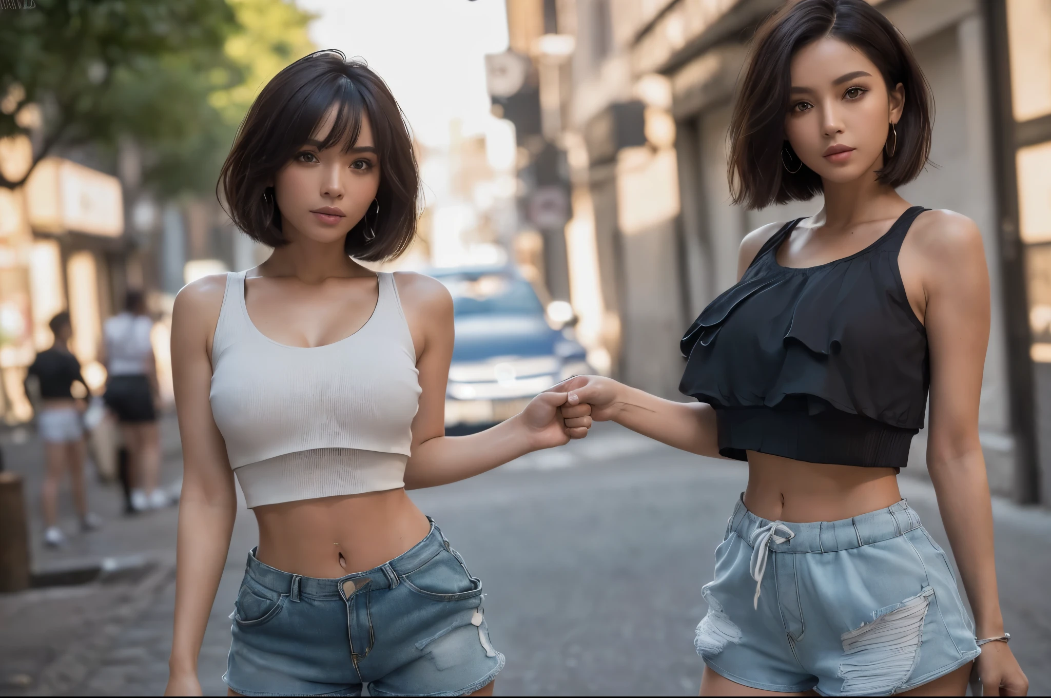 (tmasterpiece,best qualtiy:1.2), 独奏, 1girll, aizawa ema, ssmile, Keep one's mouth shut, looking at viewert, hair adornments, off-the-shoulder shirts, Black shorts, a black choker, jewely, Low-cut temptation --auto